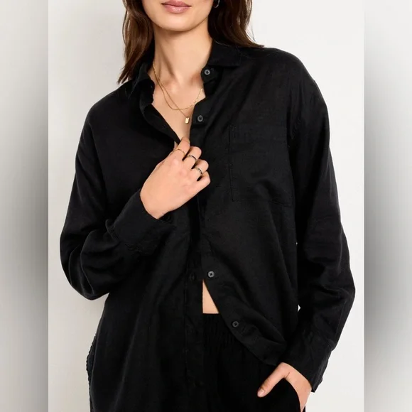 🆕 Old Navy Women's Linen-Blend Loose Button-Down Shirt Black Jack L 12-14 - Picture 4 of 13